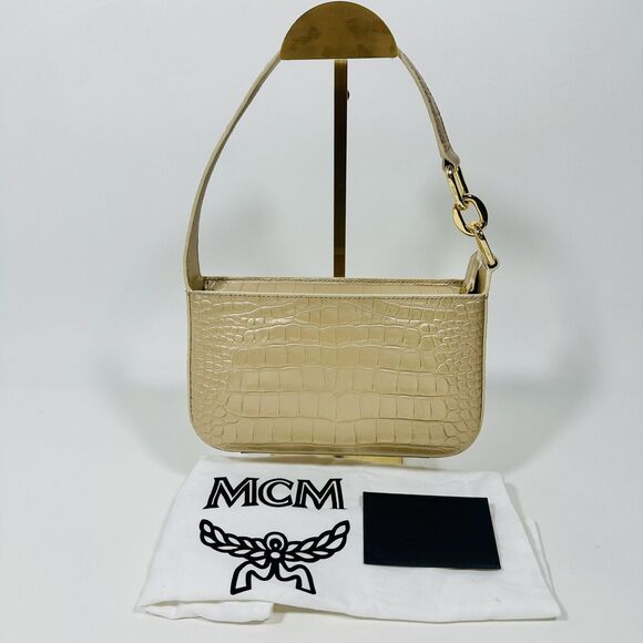 MCM Travia Shoulder Bag Gold Croco Embossed with 24K Gold Plated Logo NWT - Picture 7 of 13